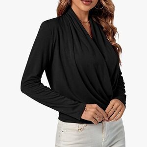 LYANER Women's Casual V Neck Cross Wrap Long Sleeve Solid Blouse Shirt Top